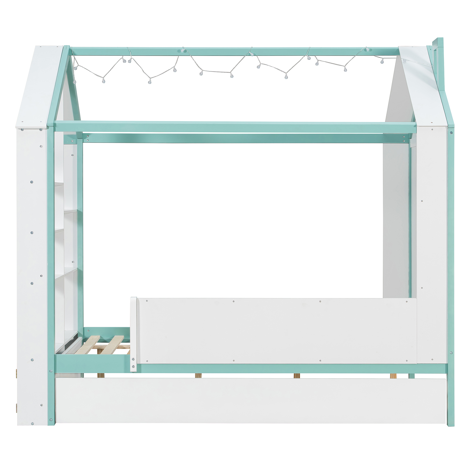 Full Size House Bed Frame with Pull-Out Trundle, Tail End Storage Shelves and Cool White LED Lights