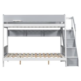 Twin over Full Bunk Bed with Striped-Design Staircase and Side Shelves