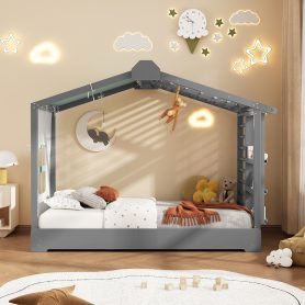 Twin Size House Bed with Twin Size Trundle and Side Shelves