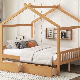 Full Size House Platform Bed with Two Drawers, Headboard and Footboard