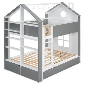 Full Size Bunk Bed with Storage Drawers, Shelves and Light Strip