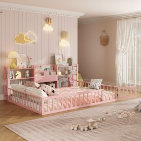 Full Size Floor Fence Bed Frame with Bookcase and 3-Tier Storage Shelves