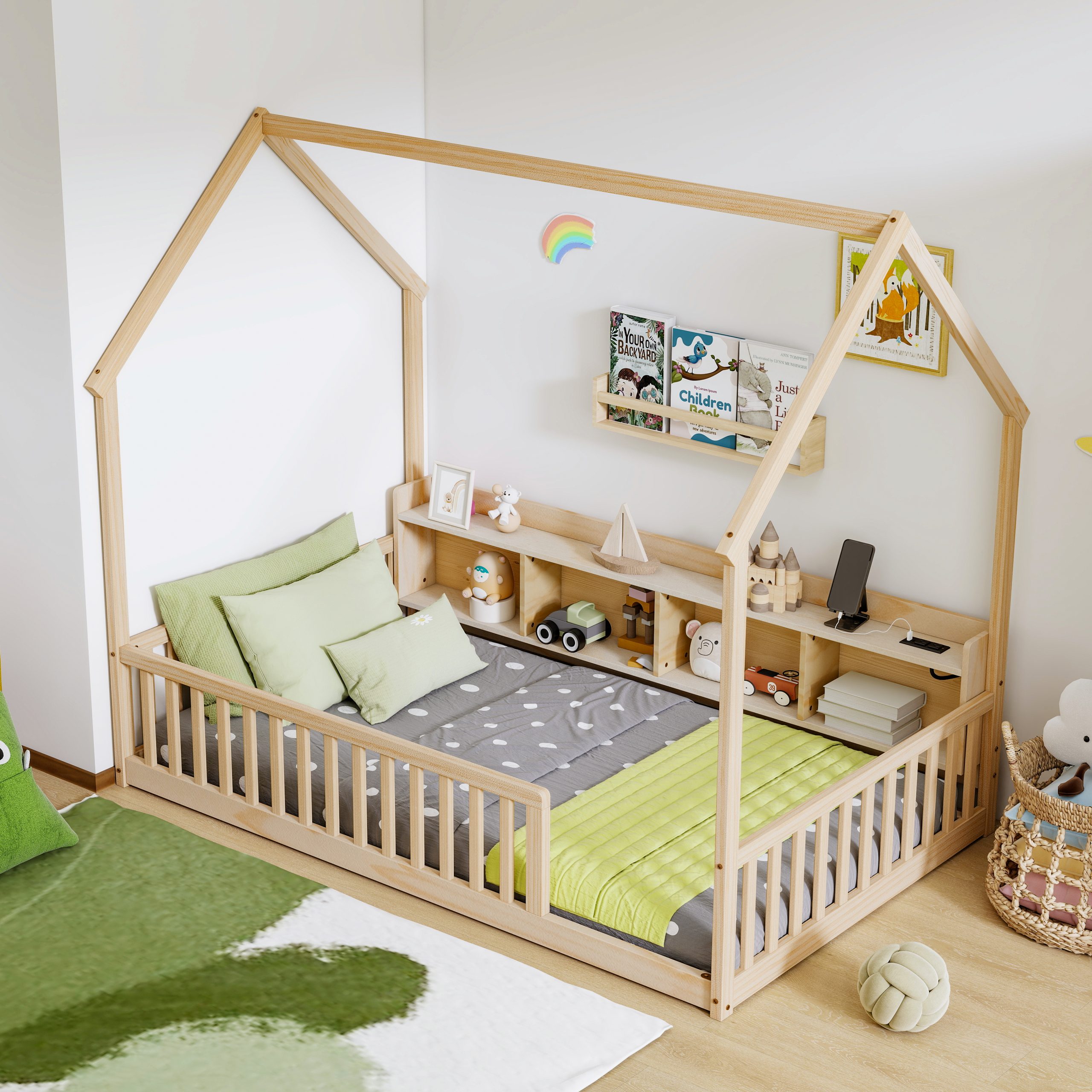 Twin House Floor Bed with Storage Shelves, Built-in LED Lights & Charging Station
