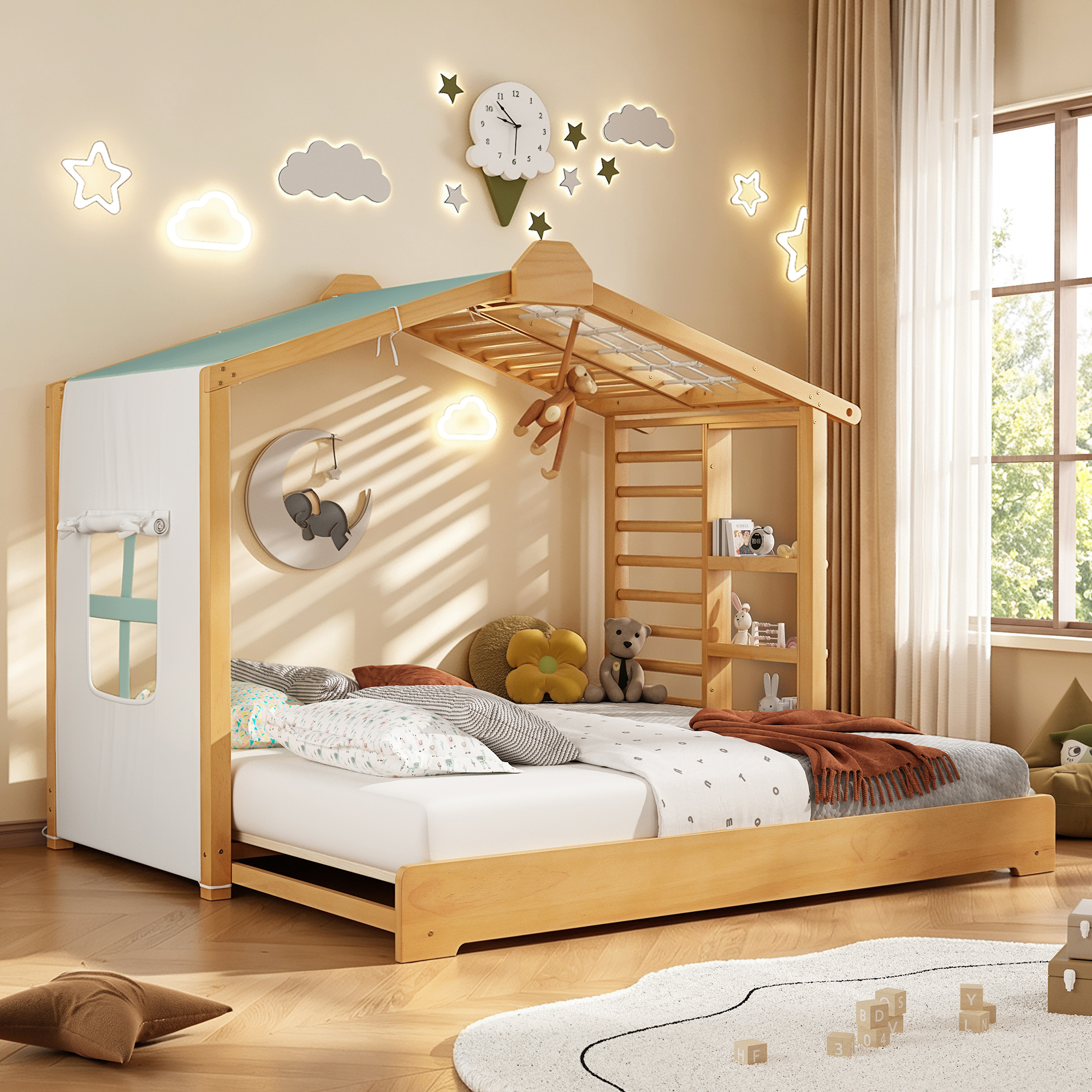 Twin Size House Bed with Twin Size Trundle and Side Shelves