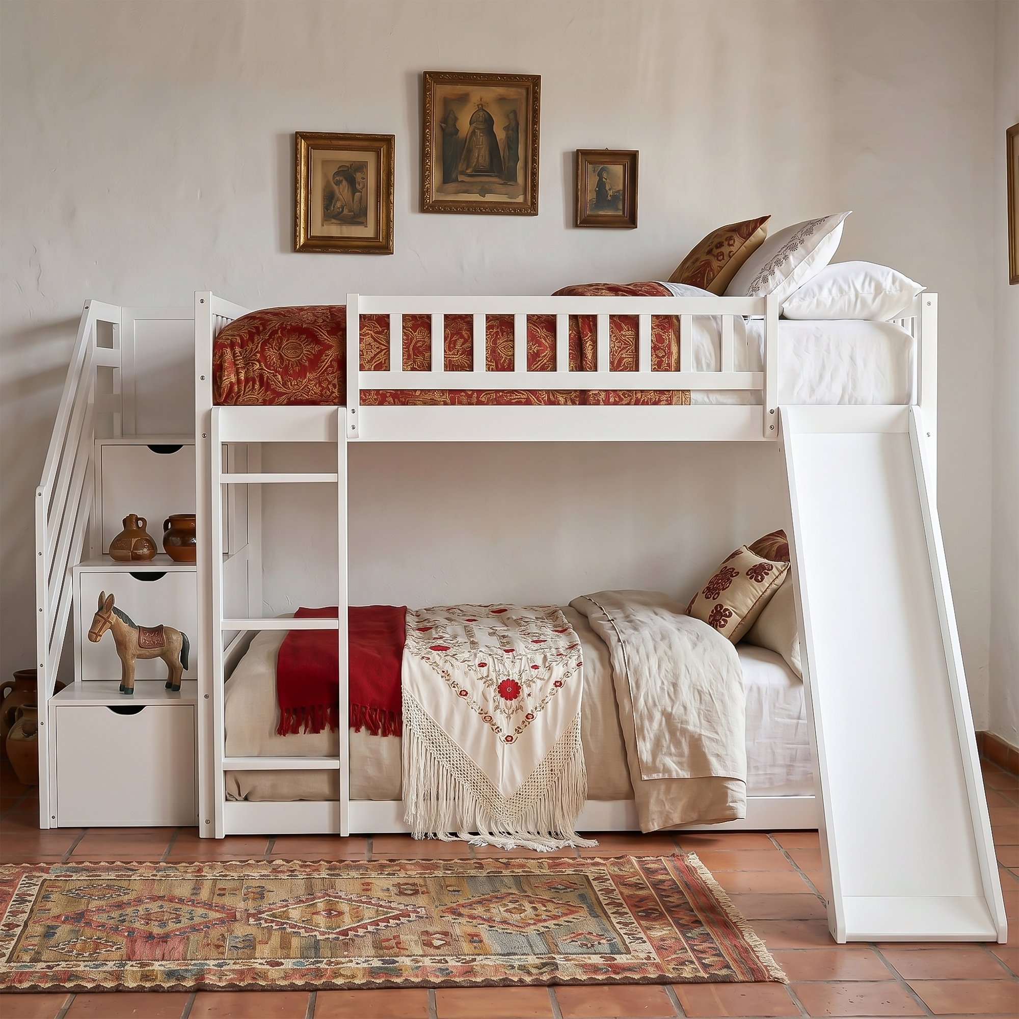 Stairway Full Over Full Bunk Bed With Three Drawers And Slide