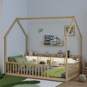 Twin House Floor Bed with Storage Shelves, Built-in LED Lights & Charging Station