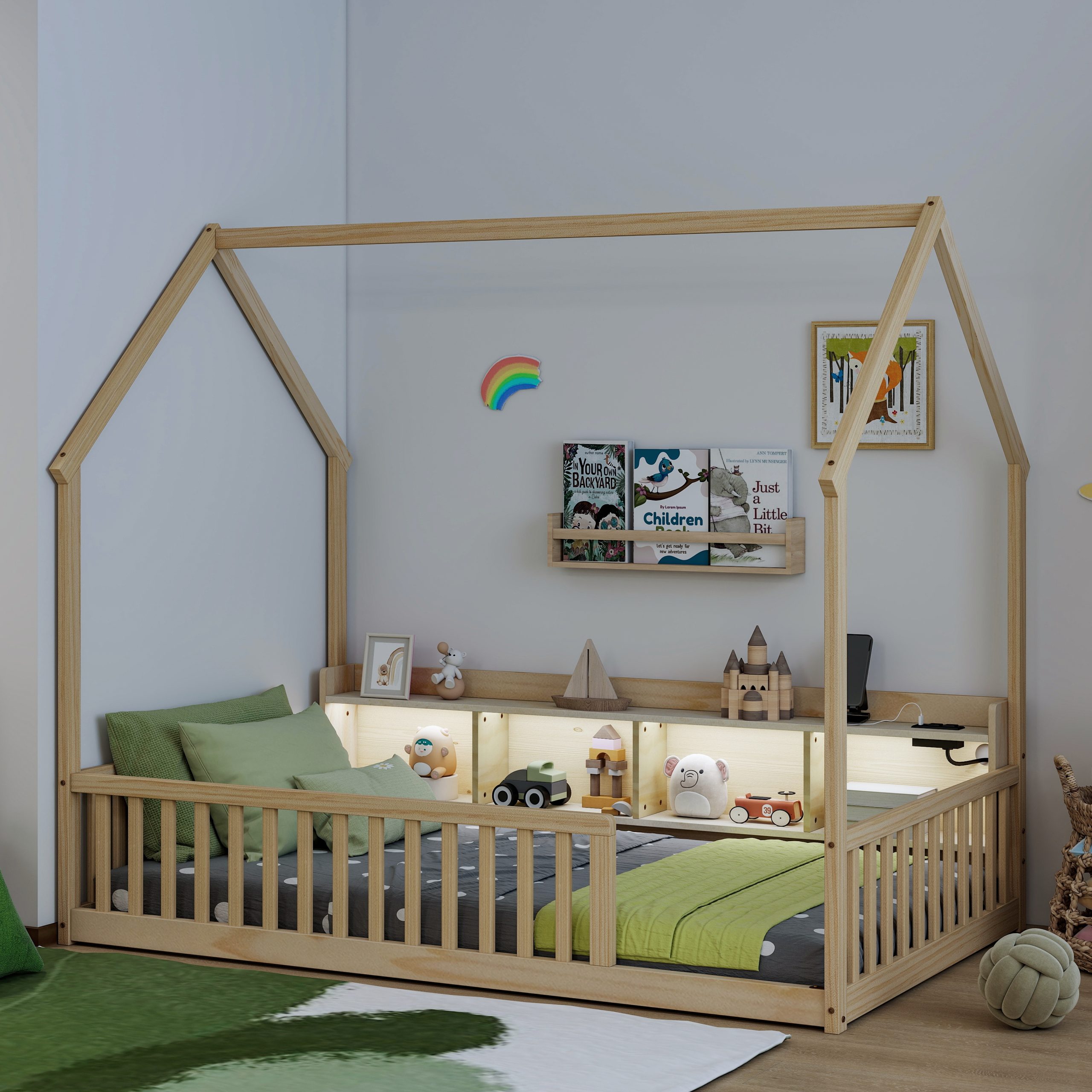 Twin House Floor Bed with Storage Shelves, Built-in LED Lights & Charging Station