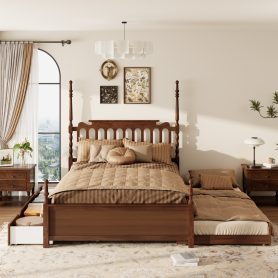 Queen Size Platform Bed Frame with Twin XL Trundle and 2 Storage Drawers