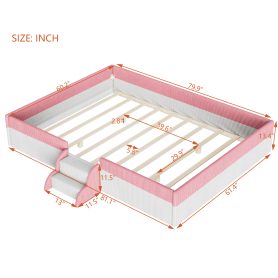Queen Size Upholstered Floor Bed with Fence, 2-Tier Steps and Smart LED Lights