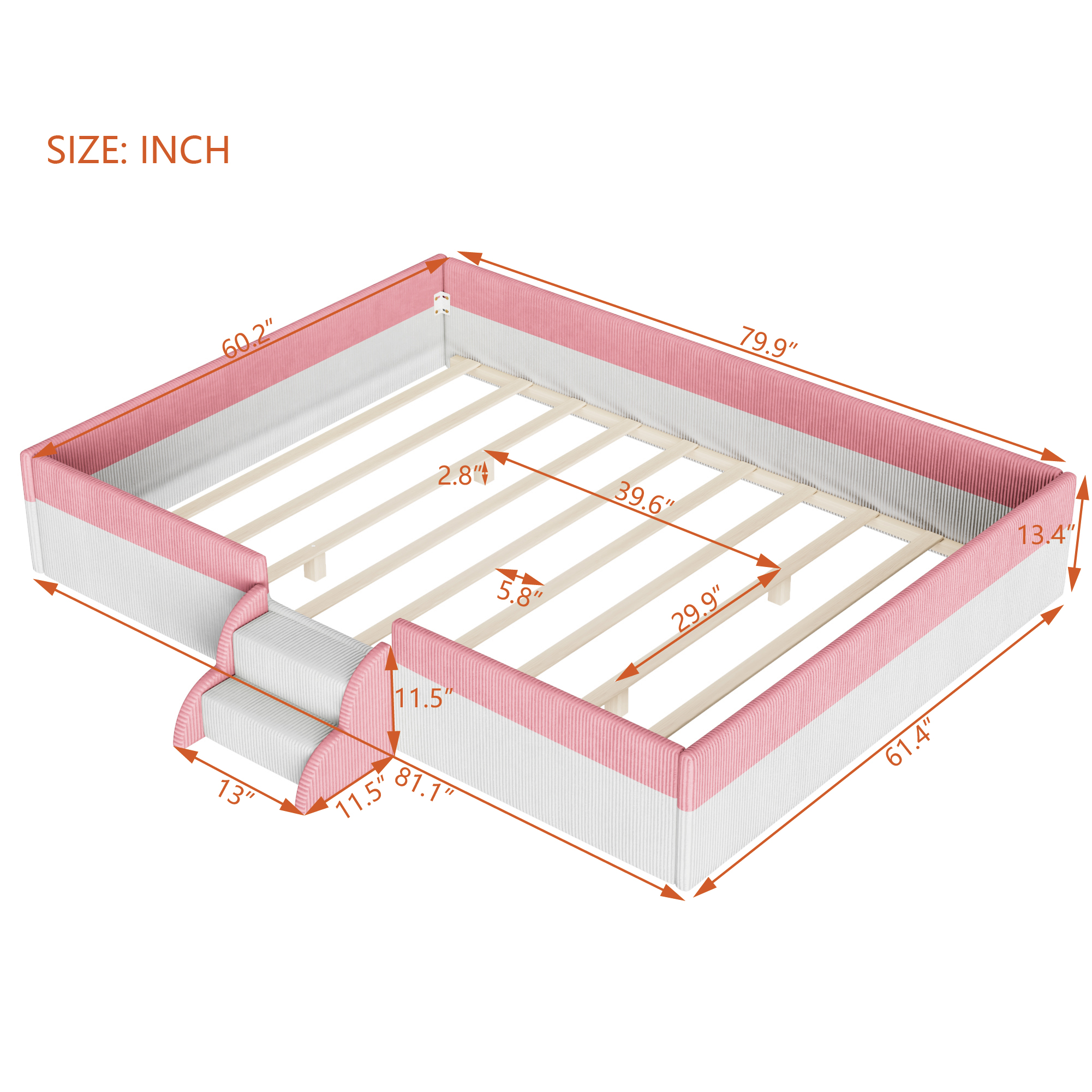 Queen Size Upholstered Floor Bed with Fence, 2-Tier Steps and Smart LED Lights