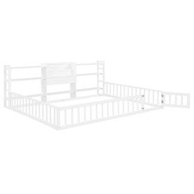 Queen Size Floor Fence Bed Frame with Bookcase and 3-Tier Storage Shelves