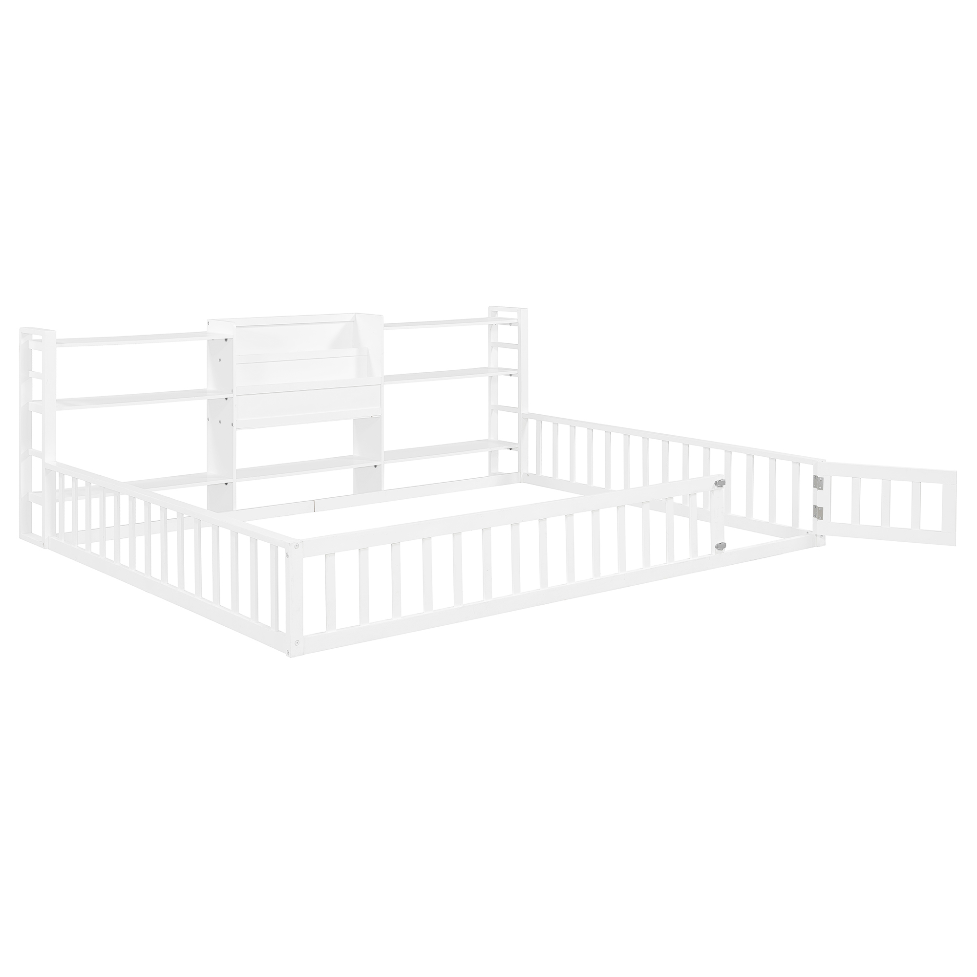 Queen Size Floor Fence Bed Frame with Bookcase and 3-Tier Storage Shelves