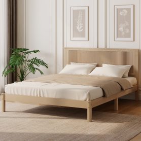 Queen Size Solid Rubber Wood Bed with Wave-Styled Headboard
