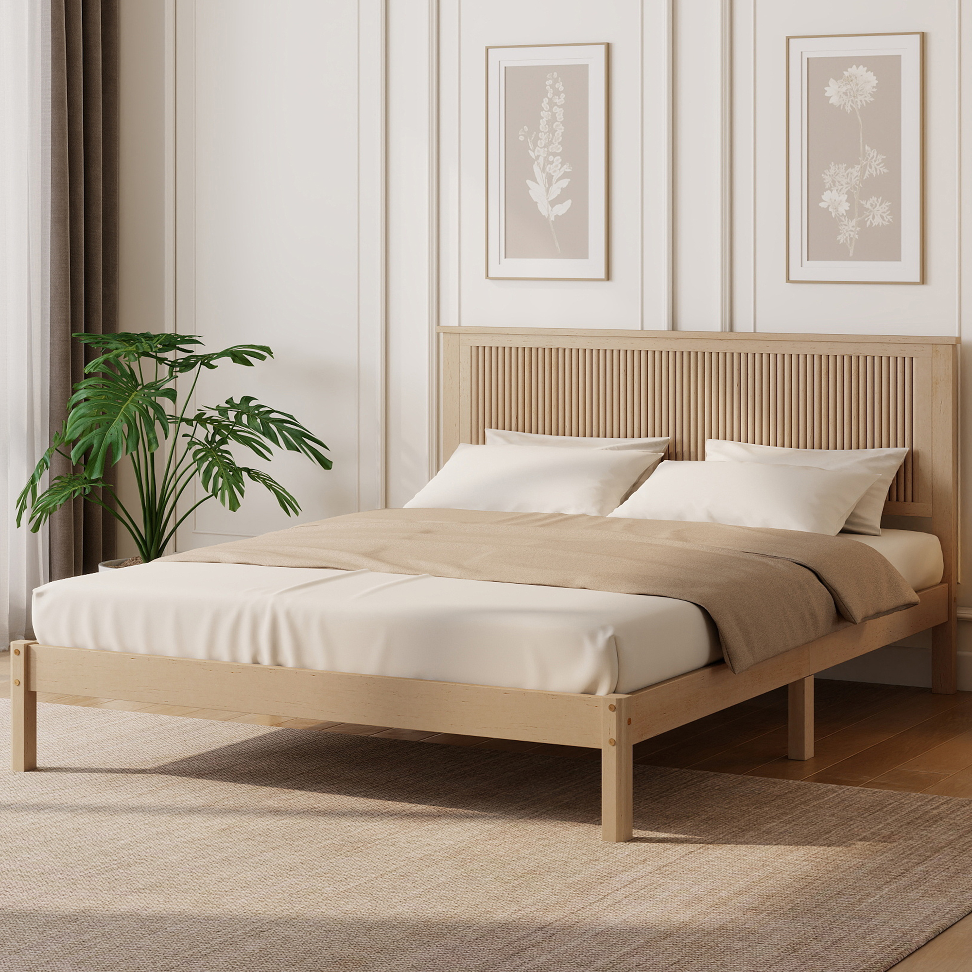 Queen Size Solid Rubber Wood Bed with Wave-Styled Headboard