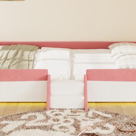 Queen Size Upholstered Floor Bed with Fence, 2-Tier Steps and Smart LED Lights