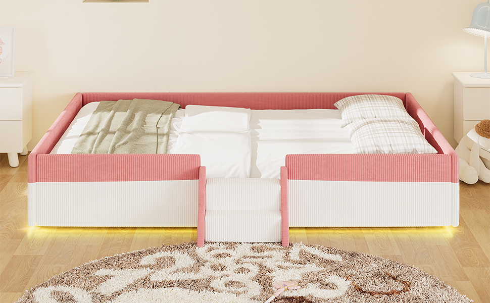 Queen Size Upholstered Floor Bed with Fence, 2-Tier Steps and Smart LED Lights