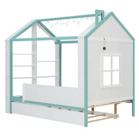 Full Size House Bed Frame with Pull-Out Trundle, Tail End Storage Shelves and Cool White LED Lights