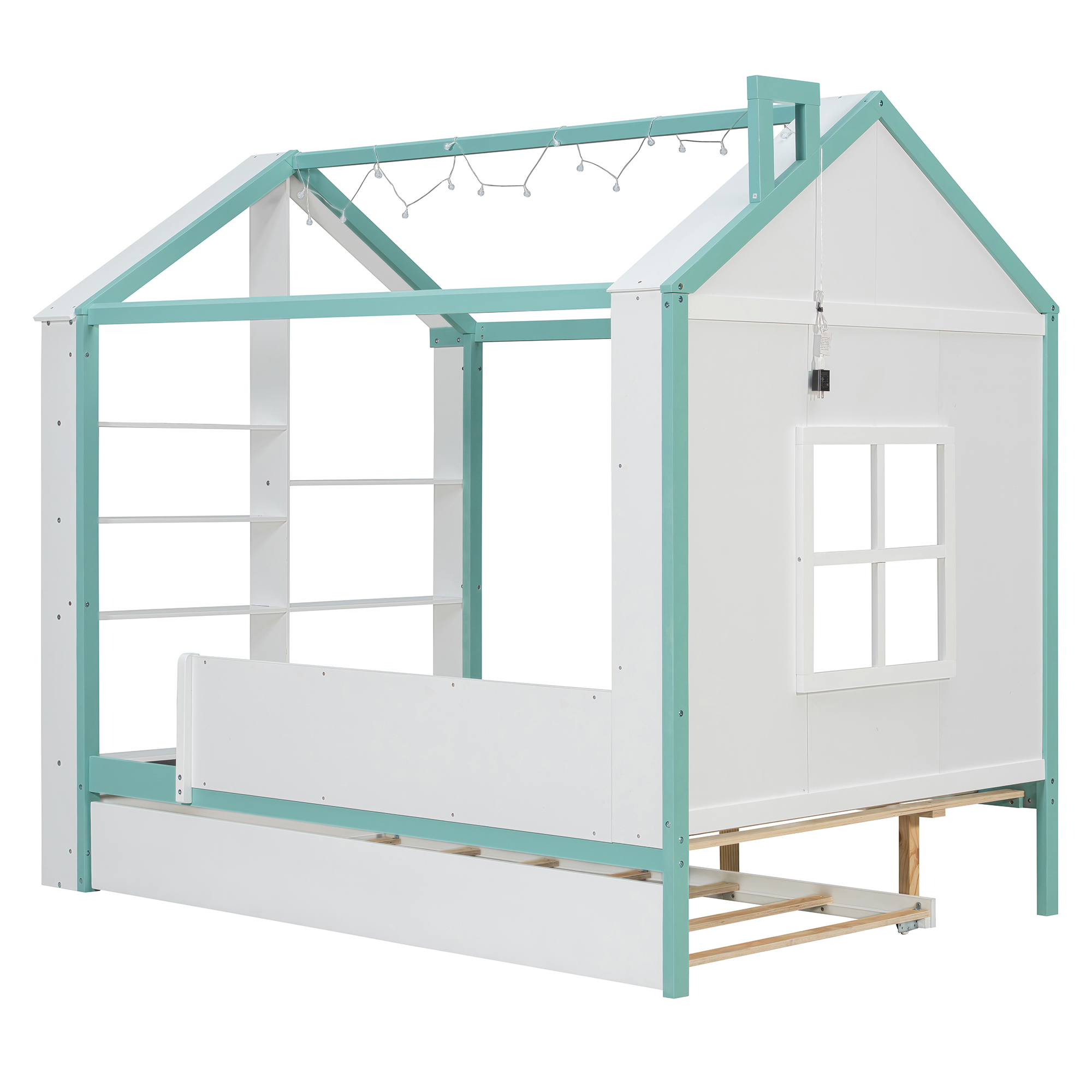 Full Size House Bed Frame with Pull-Out Trundle, Tail End Storage Shelves and Cool White LED Lights
