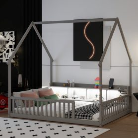 Full House Floor Bed with Storage Shelves, Built-in LED Lights & Charging Station
