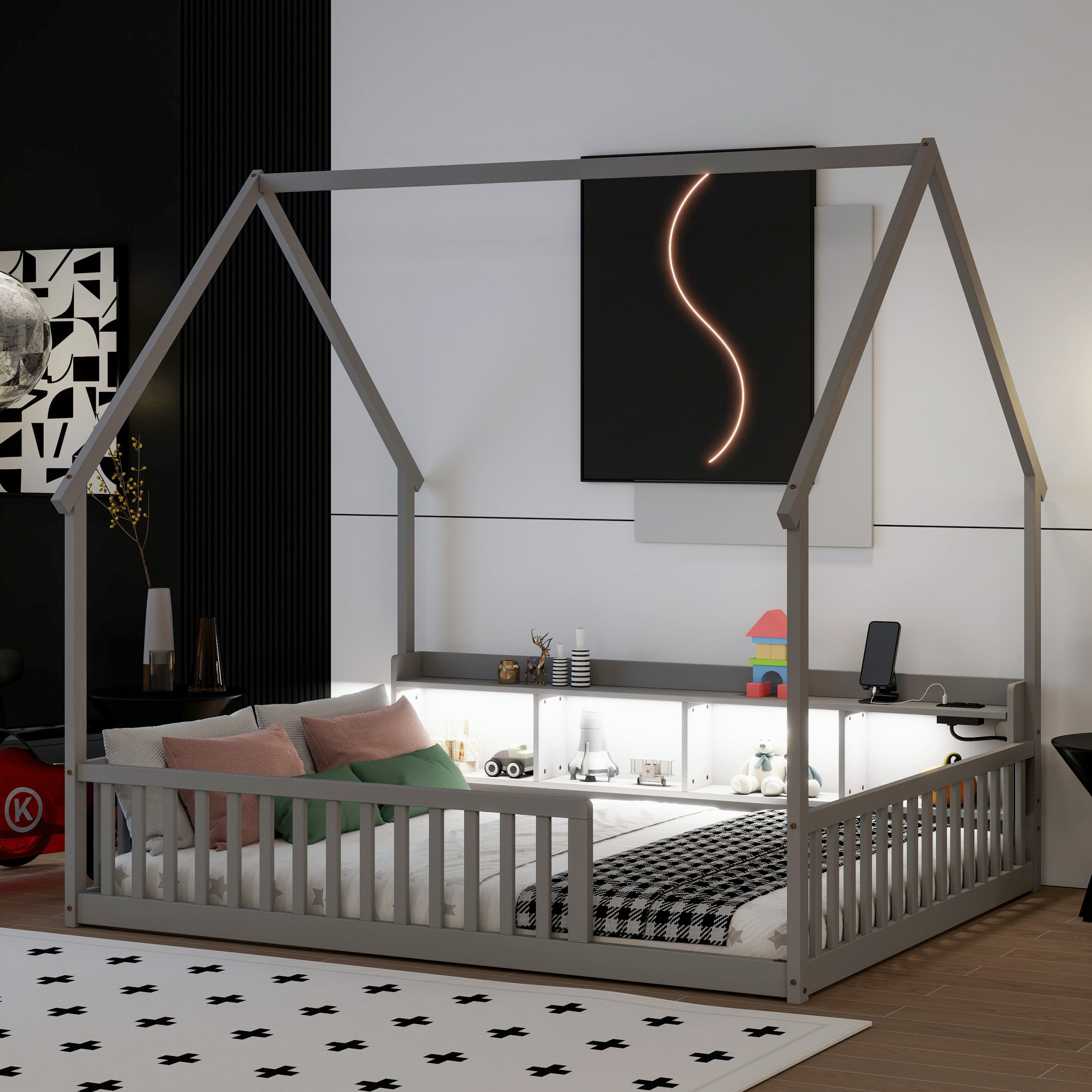 Full House Floor Bed with Storage Shelves, Built-in LED Lights & Charging Station