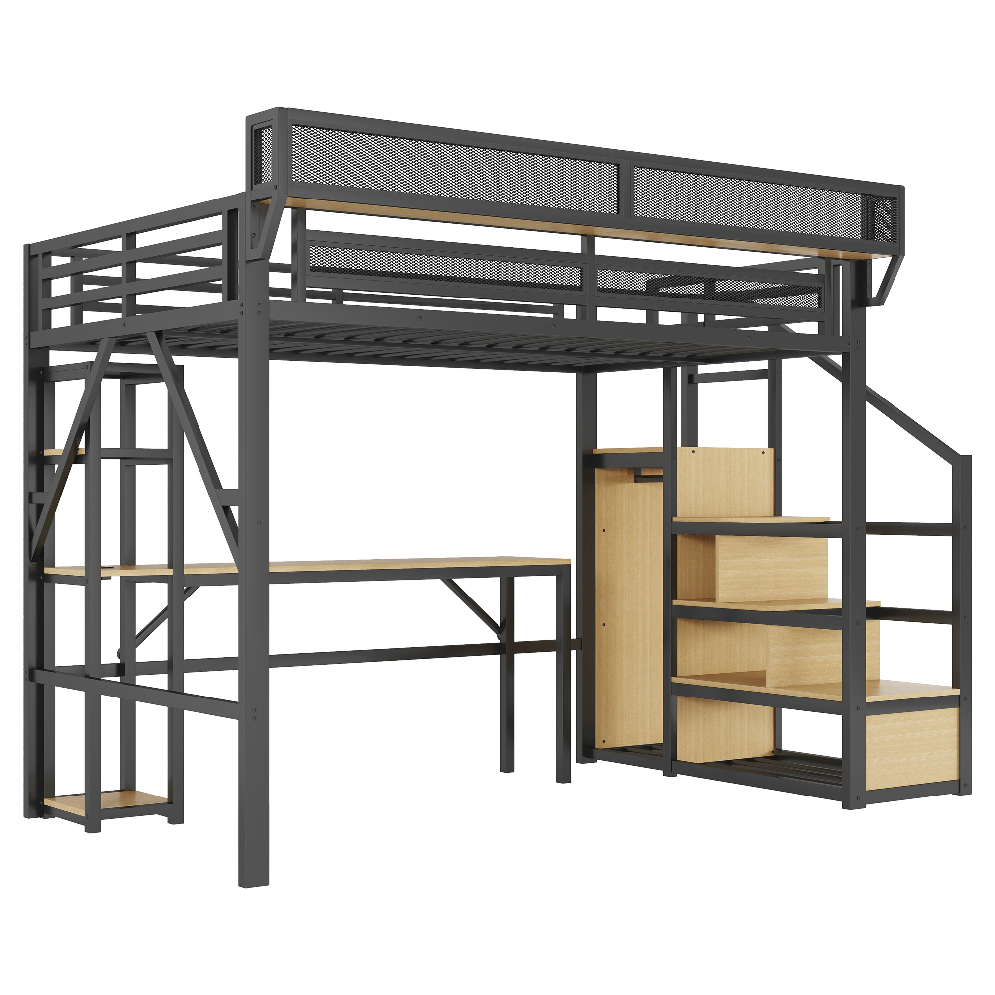 Metal Loft Bed with Stairs, Wardrobe, Charging Station, and LED Lighting