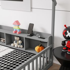 Full House Floor Bed with Storage Shelves, Built-in LED Lights & Charging Station