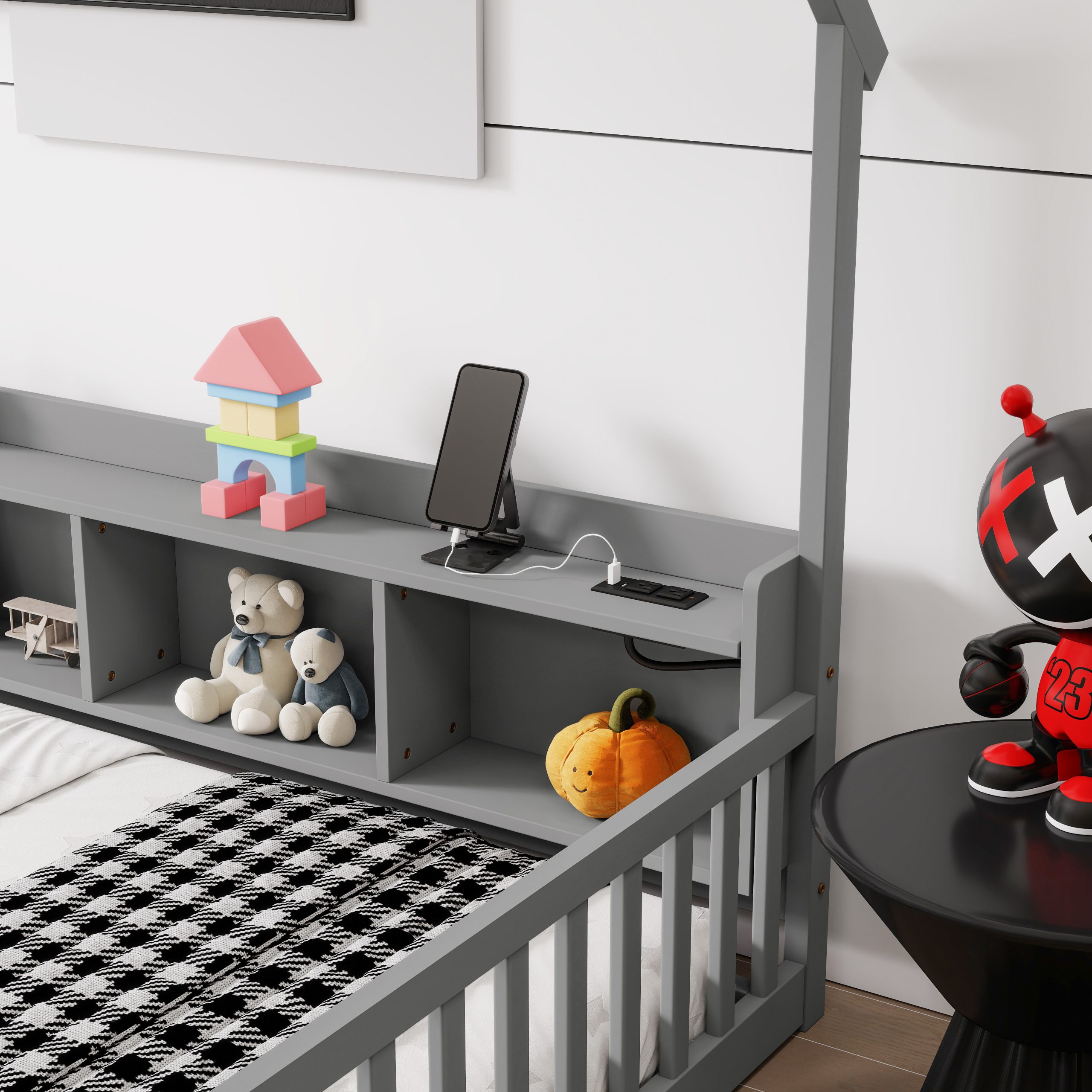 Full House Floor Bed with Storage Shelves, Built-in LED Lights & Charging Station