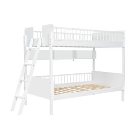 Twin Size Wooden Bunk Bed with 3 Storage Shelves, Ladder can be Changed Left or Right