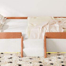 Full Size Upholstered Floor Bed with Fence, 2-Tier Steps and Smart LED Lights