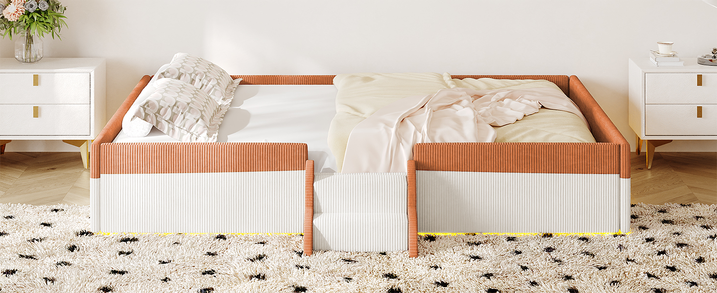 Full Size Upholstered Floor Bed with Fence, 2-Tier Steps and Smart LED Lights