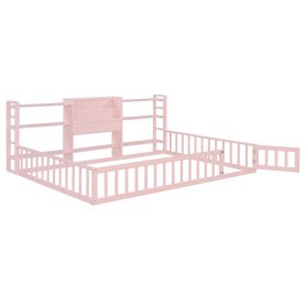 Full Size Floor Fence Bed Frame with Bookcase and 3-Tier Storage Shelves