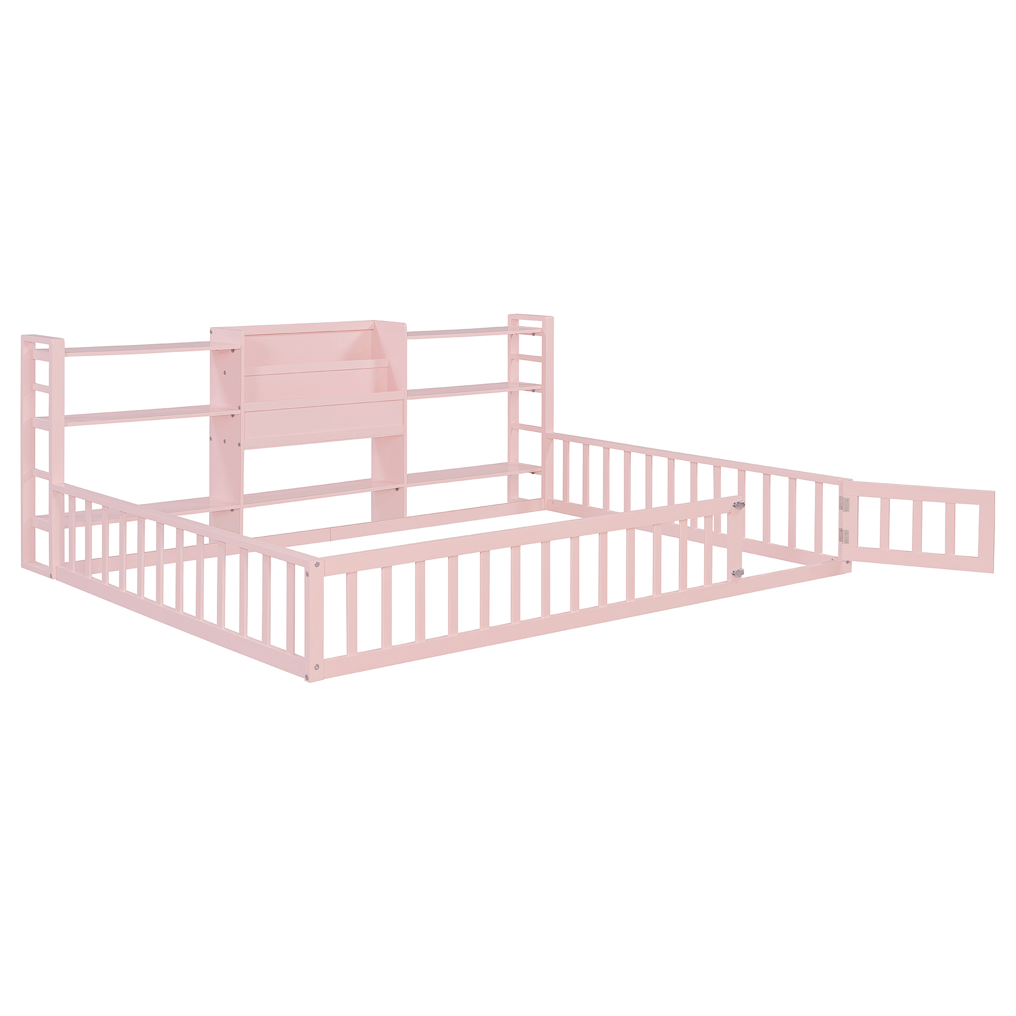 Full Size Floor Fence Bed Frame with Bookcase and 3-Tier Storage Shelves
