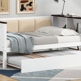 Full Size Wood Daybed with Storage Shelves, Upholstered Backrest, USB and Trundle