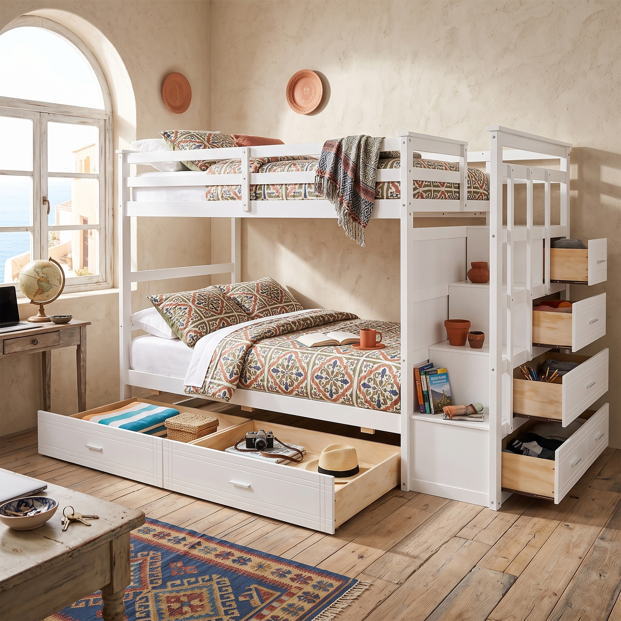 Twin Over Twin Bunk Bed with 2 Drawers and Staircase