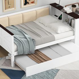 Full Size Wood Daybed with Storage Shelves, Upholstered Backrest, USB and Trundle