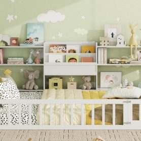 Queen Size Floor Fence Bed Frame with Bookcase and 3-Tier Storage Shelves