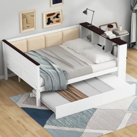 Twin Size Bunk Bed with 3 Storage Shelves, Ladder can be Changed Left or Right