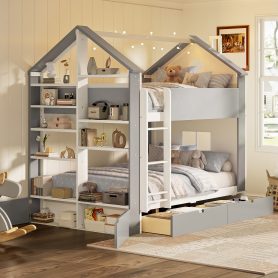 Full Size Bunk Bed with Storage Drawers, Shelves and Light Strip