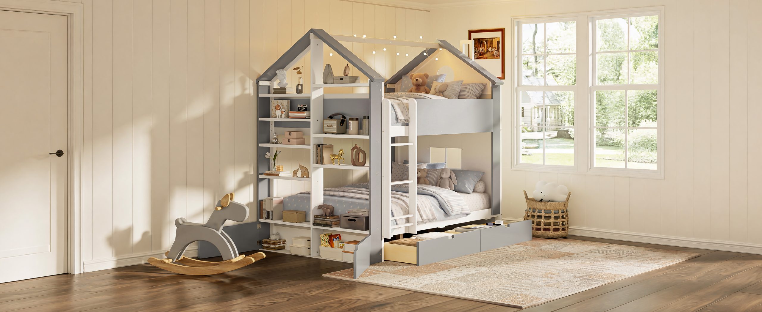 Full Size Bunk Bed with Storage Drawers, Shelves and Light Strip