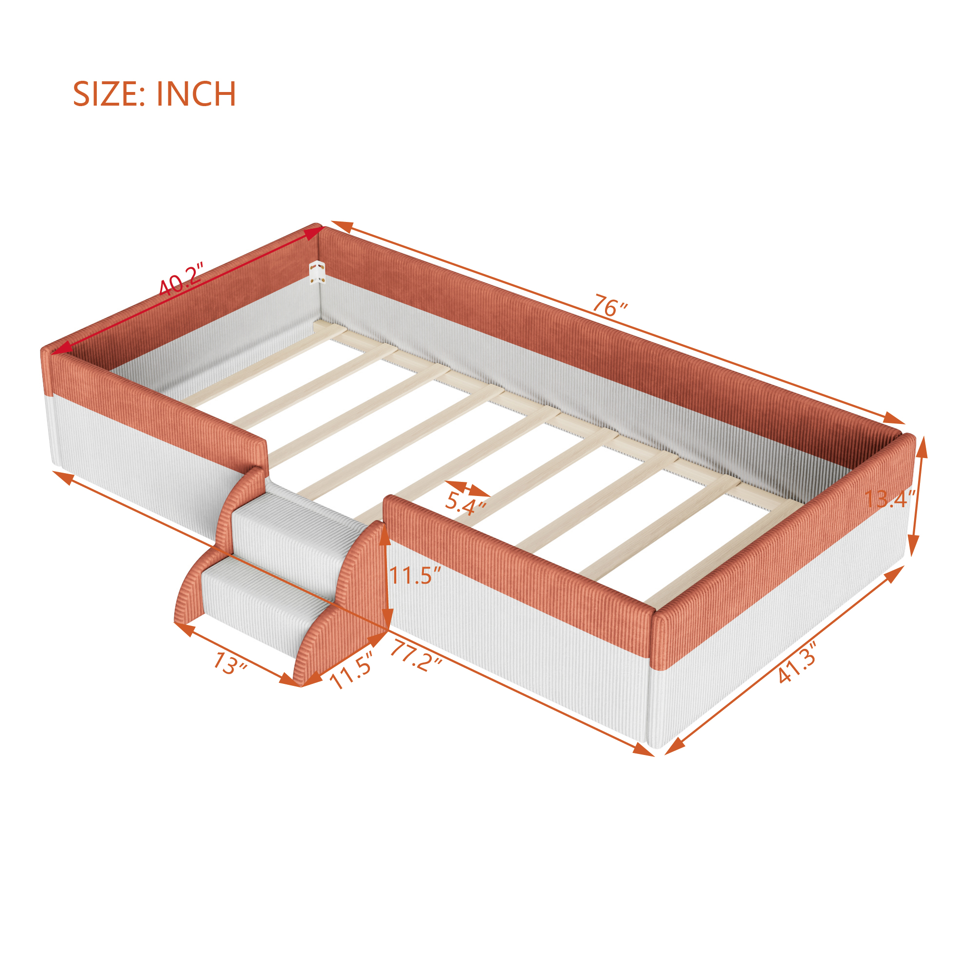 Twin Size Upholstered Floor Bed with Fence, 2-Tier Steps and Smart LED Lights