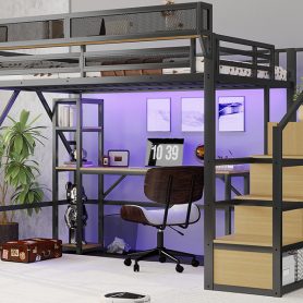 Metal Loft Bed with Stairs, Wardrobe, Charging Station, and LED Lighting