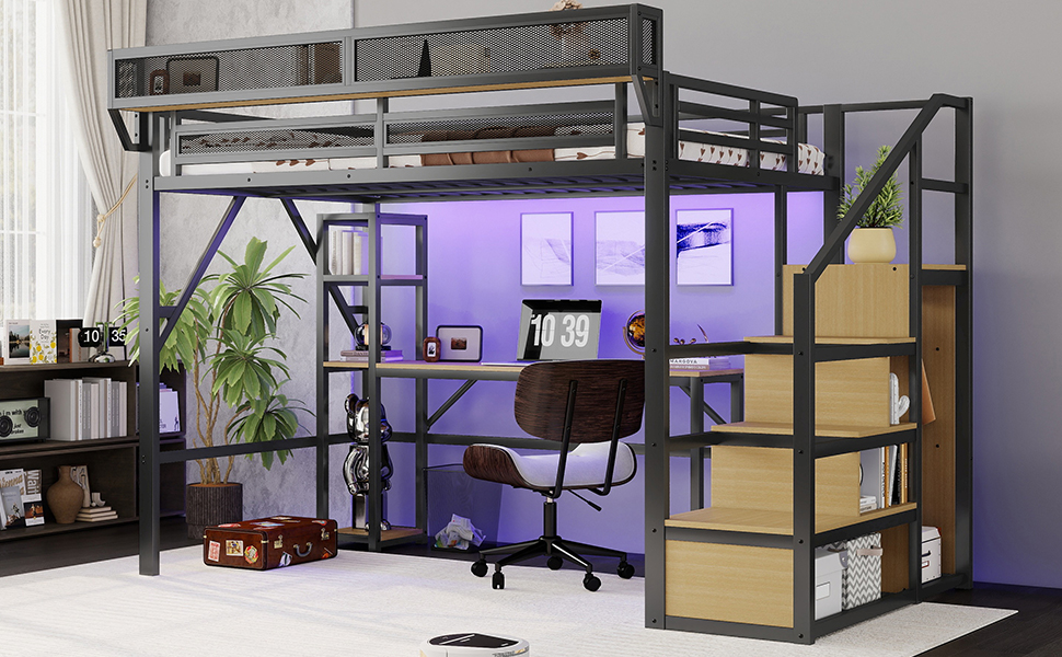 Metal Loft Bed with Stairs, Wardrobe, Charging Station, and LED Lighting