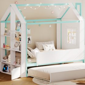Twin Size House Bed Frame with Pull-Out Trundle, Tail End Storage Shelves and Cool White LED Lights
