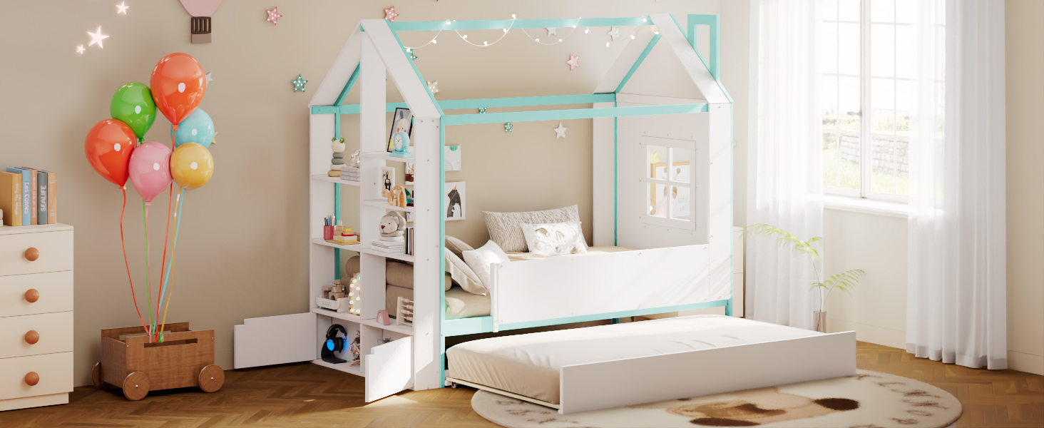 Twin Size House Bed Frame with Pull-Out Trundle, Tail End Storage Shelves and Cool White LED Lights
