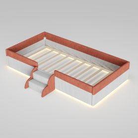 Twin Size Upholstered Floor Bed with Fence, 2-Tier Steps and Smart LED Lights