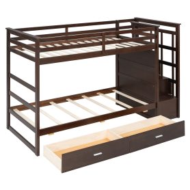 Twin Over Twin Bunk Bed with 2 Drawers and Staircase