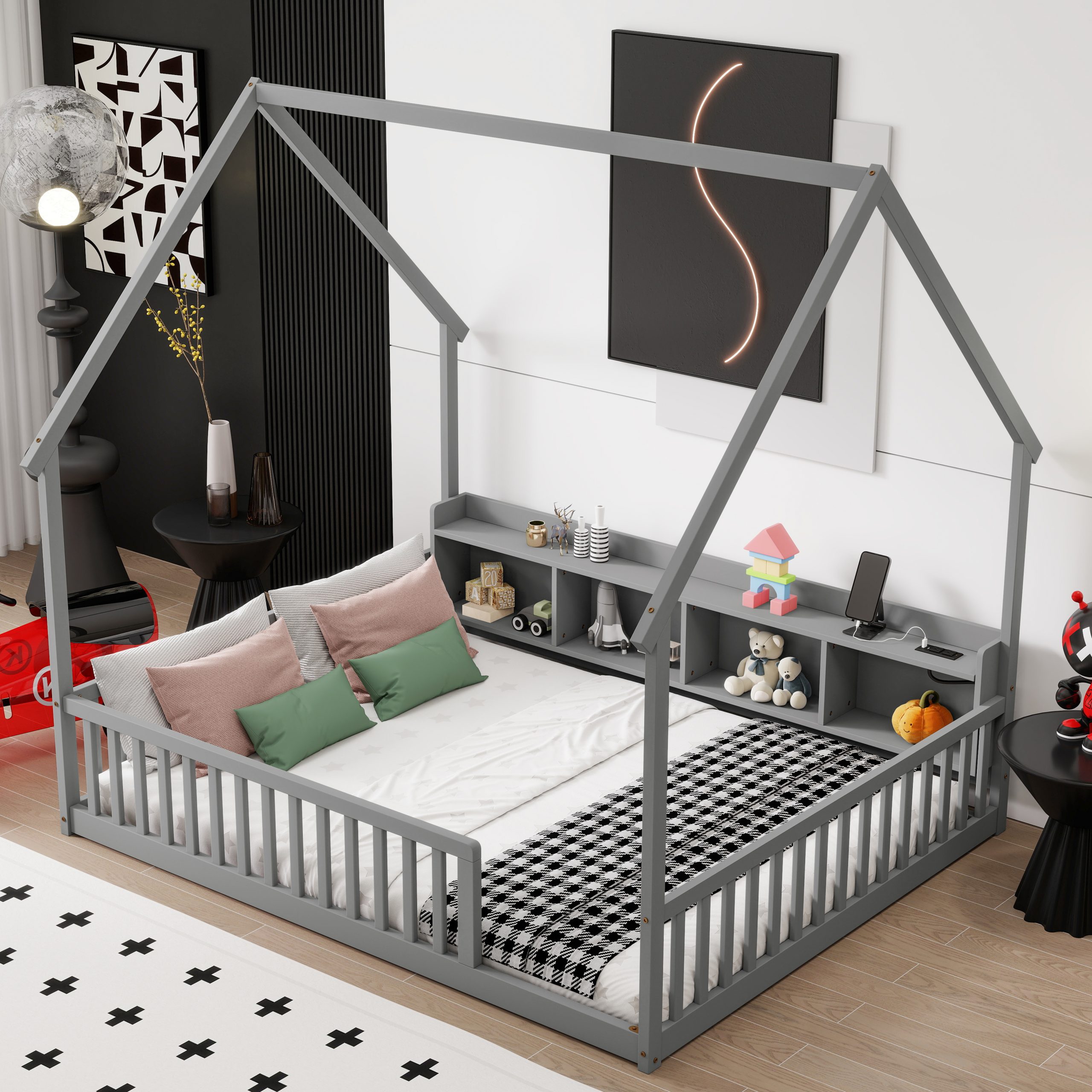 Full House Floor Bed with Storage Shelves, Built-in LED Lights & Charging Station