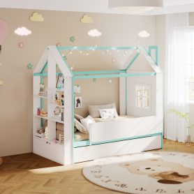 Twin Size House Bed Frame with Pull-Out Trundle, Tail End Storage Shelves and Cool White LED Lights