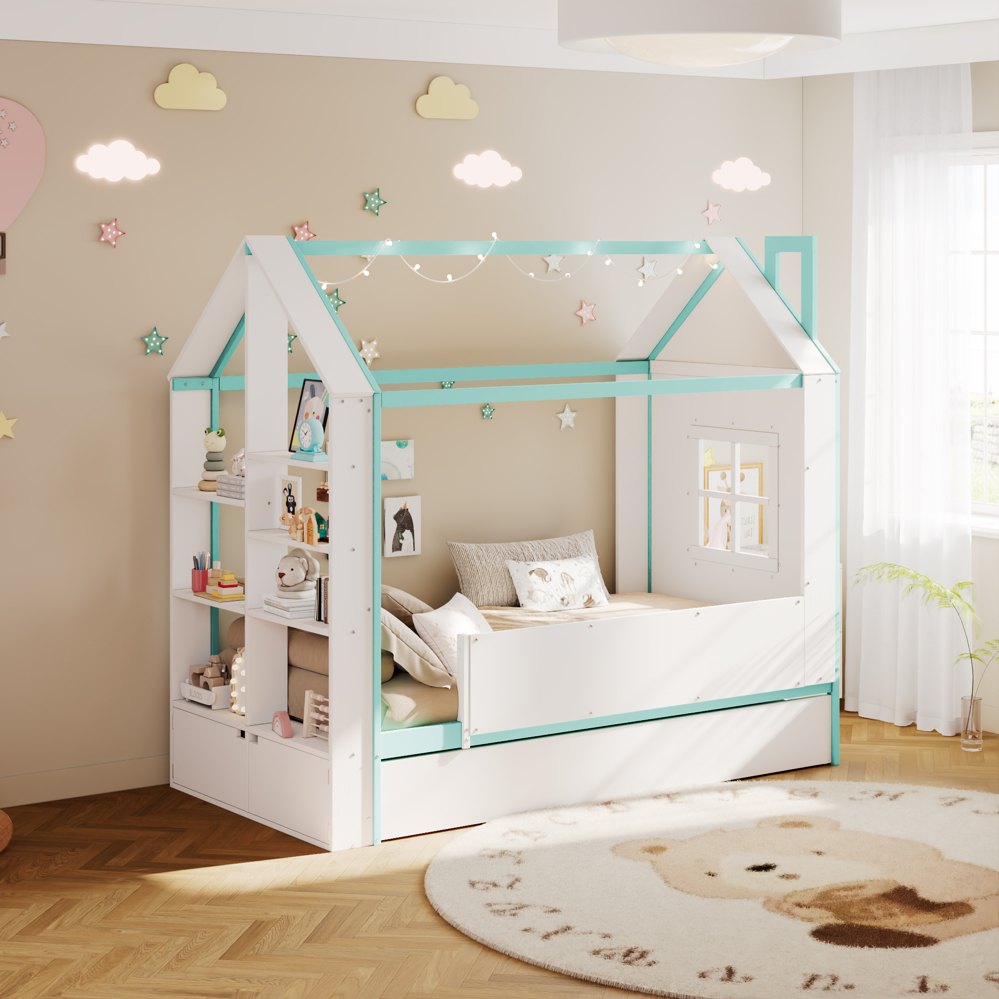 Twin Size House Bed Frame with Pull-Out Trundle, Tail End Storage Shelves and Cool White LED Lights