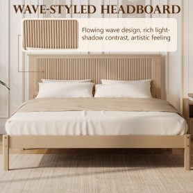 Queen Size Solid Rubber Wood Bed with Wave-Styled Headboard